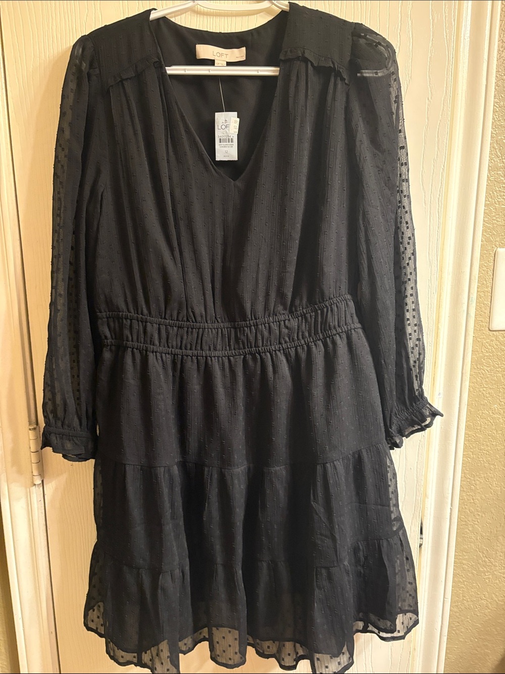 LOFT Black V-Neck Tiered Long Sleeve Swiss Dot Dress